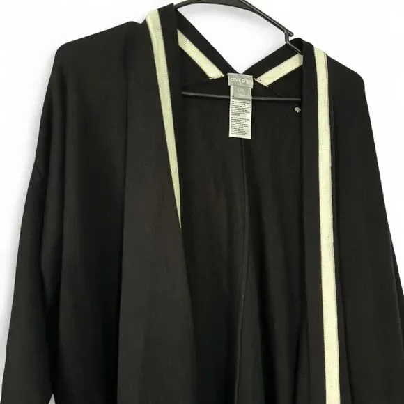 Chico's L/XL Black White Striped Open Front Poncho Cardigan Cashmere Blend Wrap - Picture 4 of 8